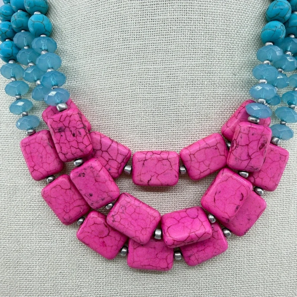 Hot Pink Turquoise Blue Bead Triple Strand Necklace Chunky Boho Statement Gift